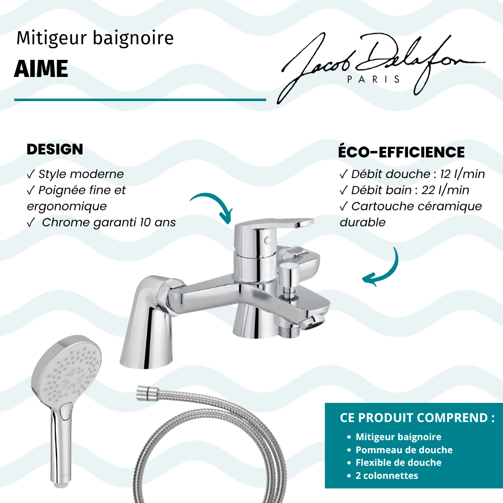 Mitigeur baignoire JACOB DELAFON Aimé + pommeau de douche Metro + flexible de douche métal + colonnettes