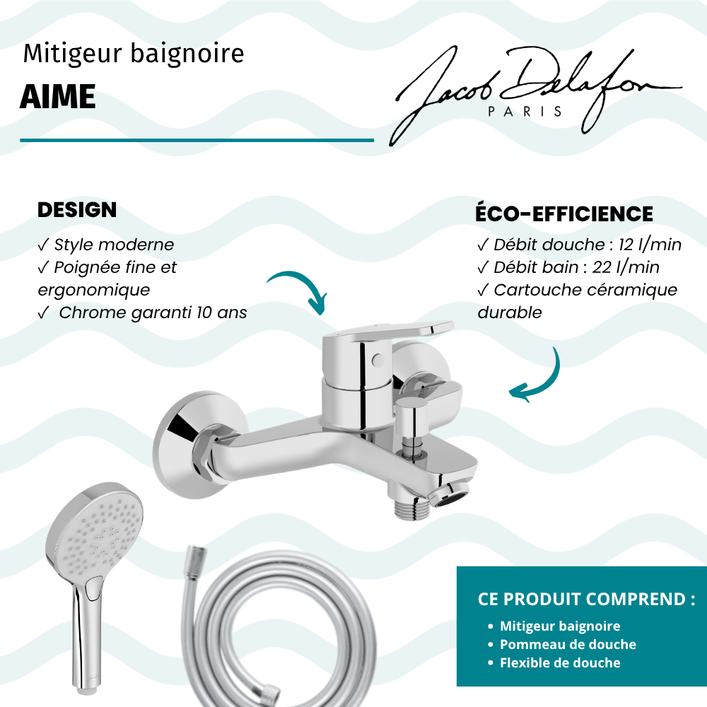 Mitigeur baignoire JACOB DELAFON Aimé + pommeau de douche Metro + flexible de douche lisse