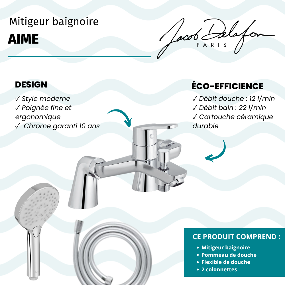 Mitigeur baignoire JACOB DELAFON Aimé + pommeau de douche Metro + flexible de douche lisse + colonnettes
