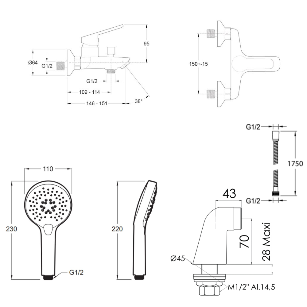 Mitigeur baignoire JACOB DELAFON Aimé + pommeau de douche Metro + flexible de douche métal + colonnettes