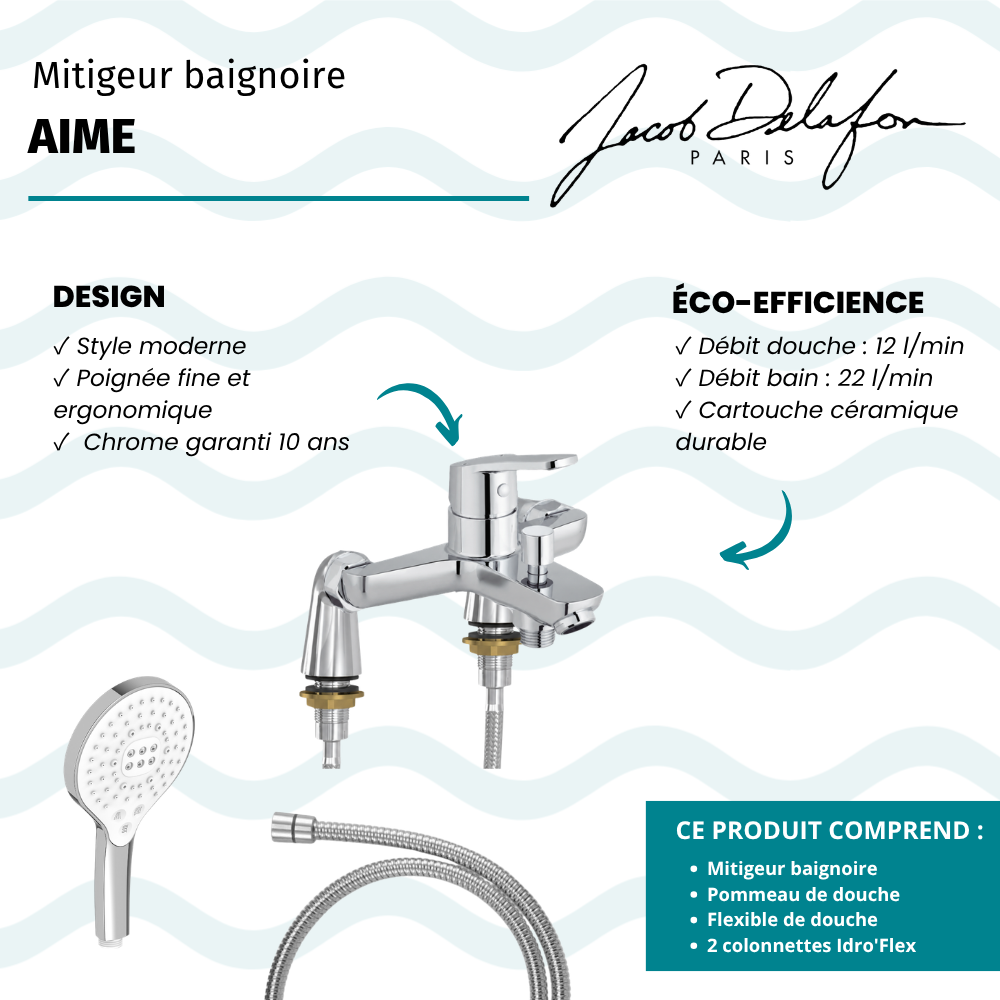 Mitigeur baignoire JACOB DELAFON Aimé + pommeau de douche Metro signature + flexible de douche métal + colonnettes Idro'Flex