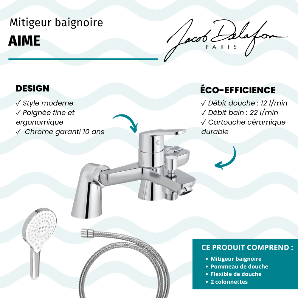Mitigeur baignoire JACOB DELAFON Aimé + pommeau de douche Metro signature + flexible de douche métal + colonnettes