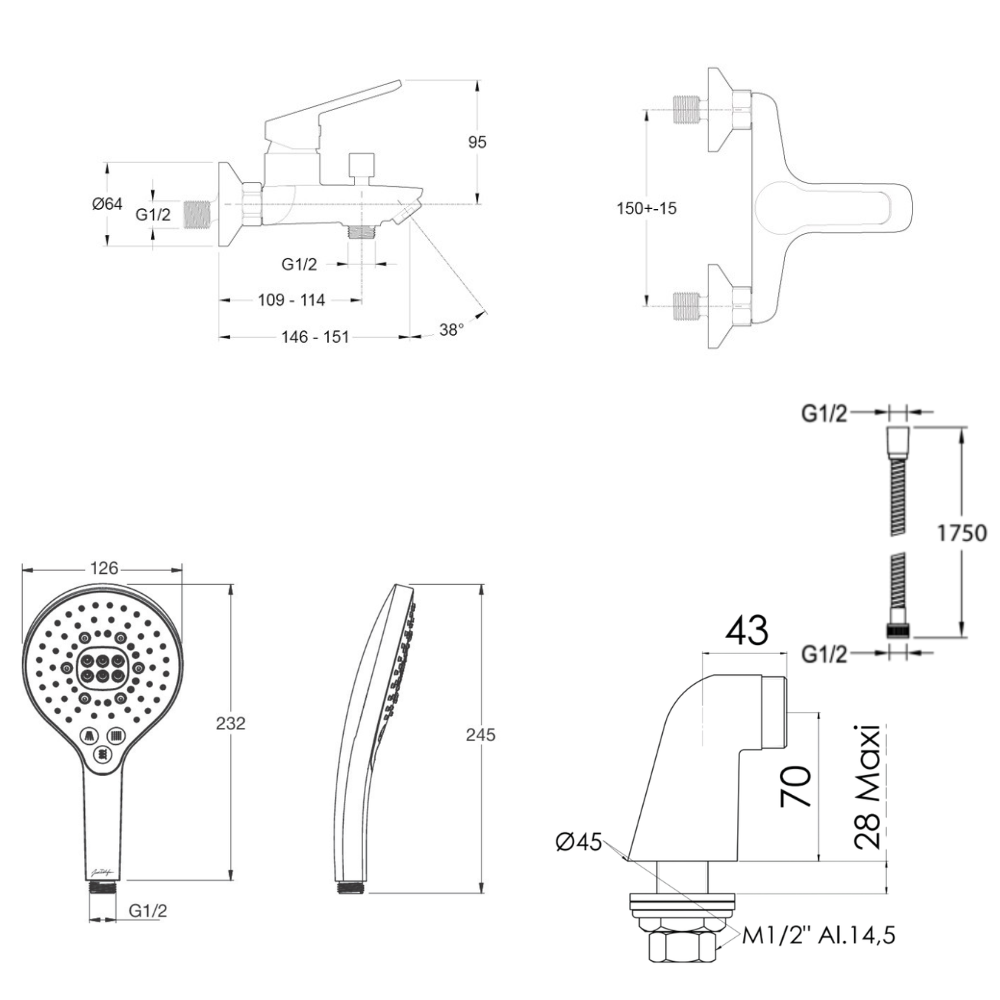 Mitigeur baignoire JACOB DELAFON Aimé + pommeau de douche Metro signature + flexible de douche métal + colonnettes