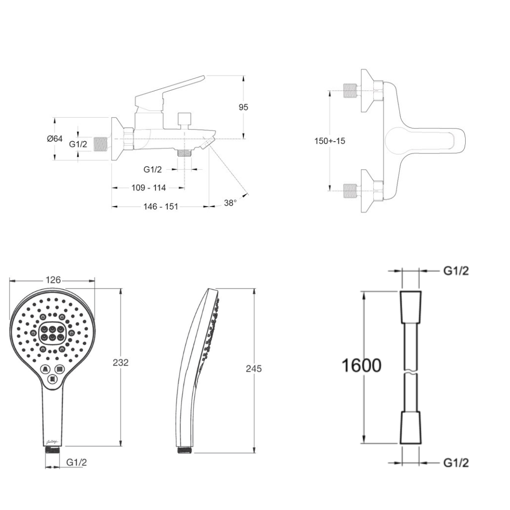 Mitigeur baignoire JACOB DELAFON Aimé + pommeau de douche Metro signature + flexible de douche lisse