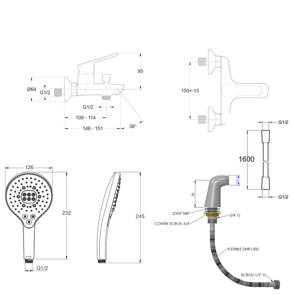Mitigeur baignoire JACOB DELAFON Aimé + pommeau de douche Metro signature + flexible de douche lisse + colonnettes Idro'Flex