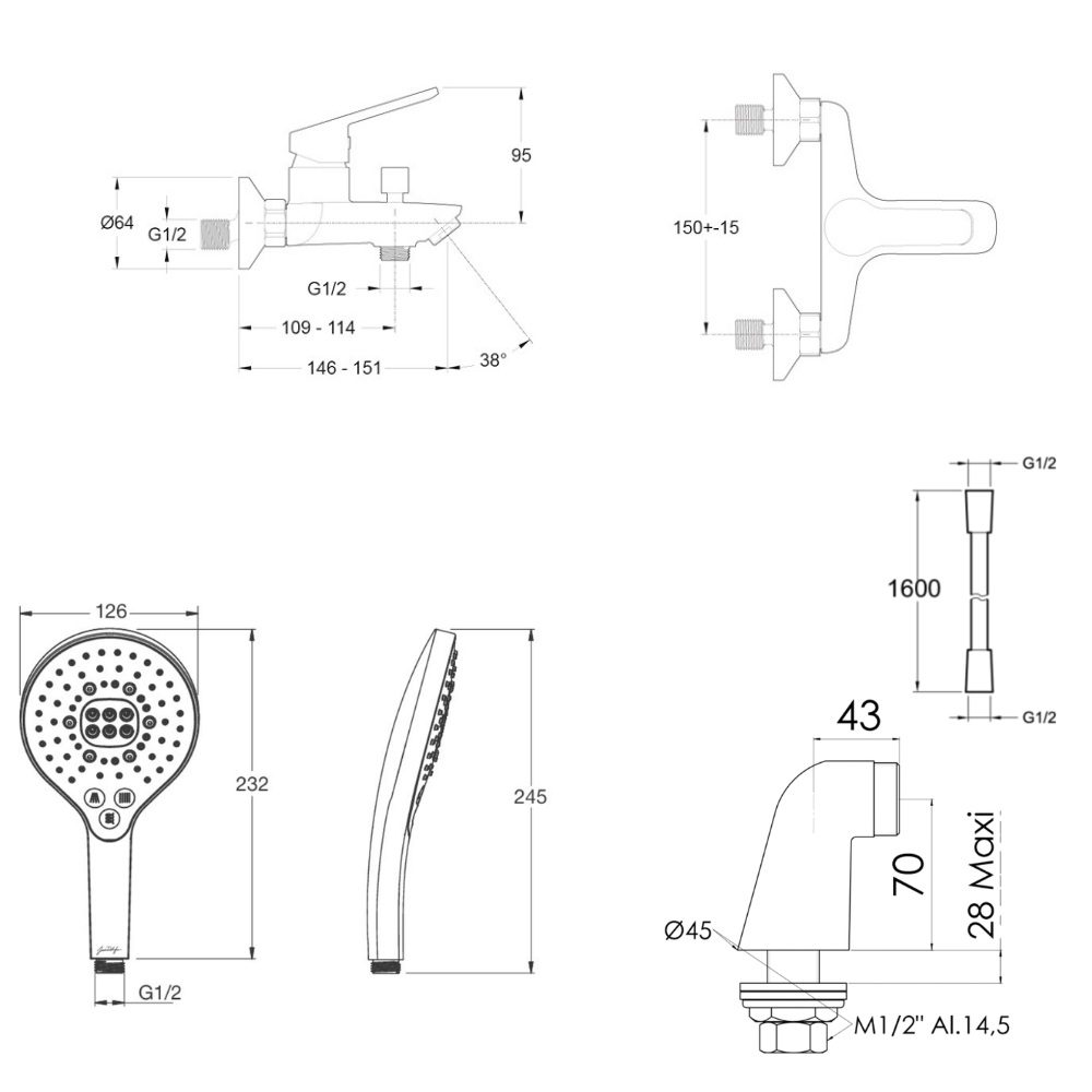 Mitigeur baignoire JACOB DELAFON Aimé + pommeau de douche Metro signature + flexible de douche lisse + colonnettes