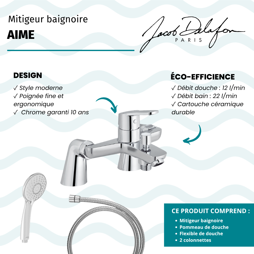 Mitigeur baignoire JACOB DELAFON Aimé + pommeau de douche Juliette + flexible de douche métal + colonnettes