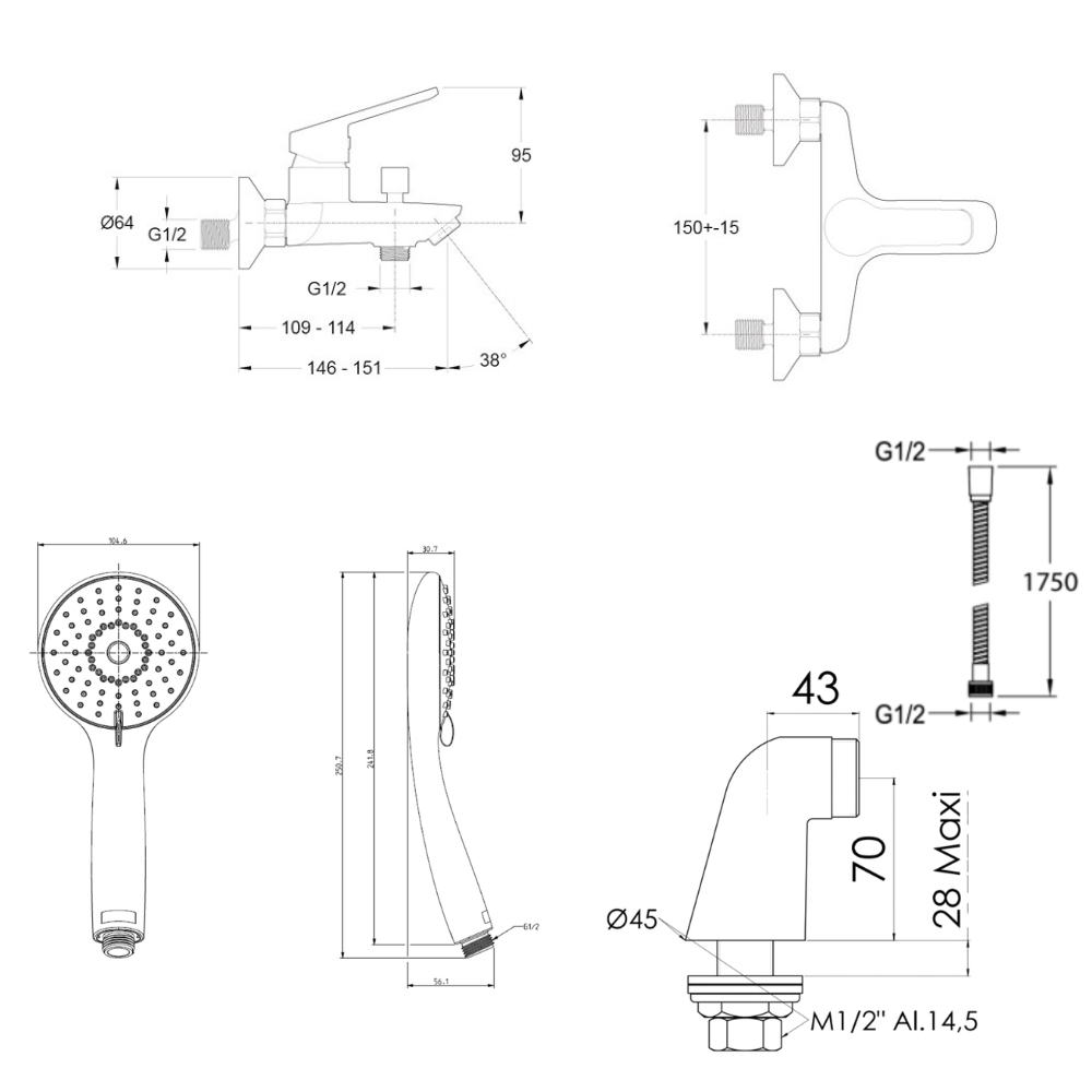 Mitigeur baignoire JACOB DELAFON Aimé + pommeau de douche Juliette + flexible de douche métal + colonnettes