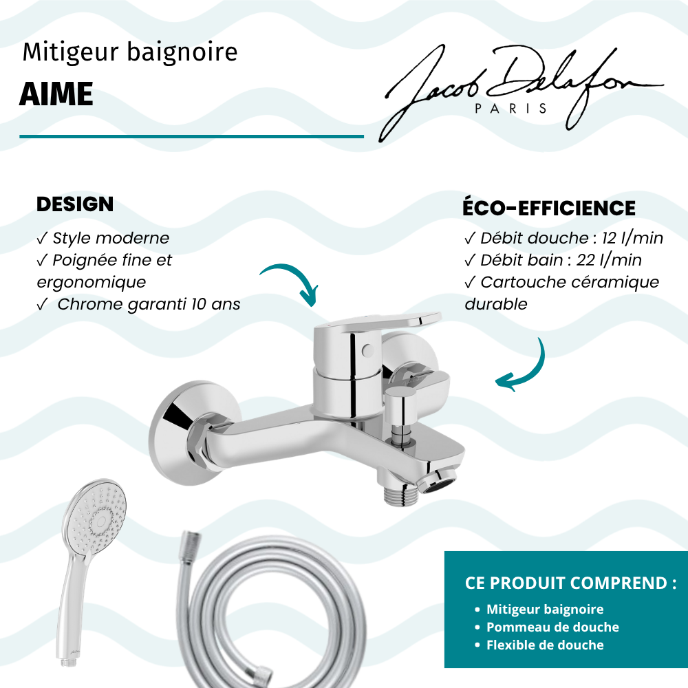 Mitigeur baignoire JACOB DELAFON Aimé + pommeau de douche Juliette + flexible de douche lisse