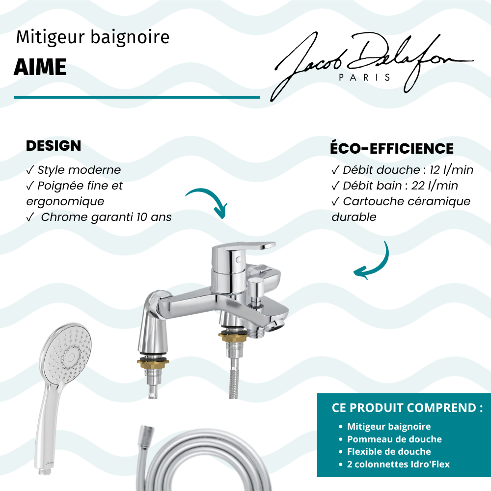 Mitigeur baignoire JACOB DELAFON Aimé + pommeau de douche Juliette + flexible de douche lisse + colonnettes Idro'Flex