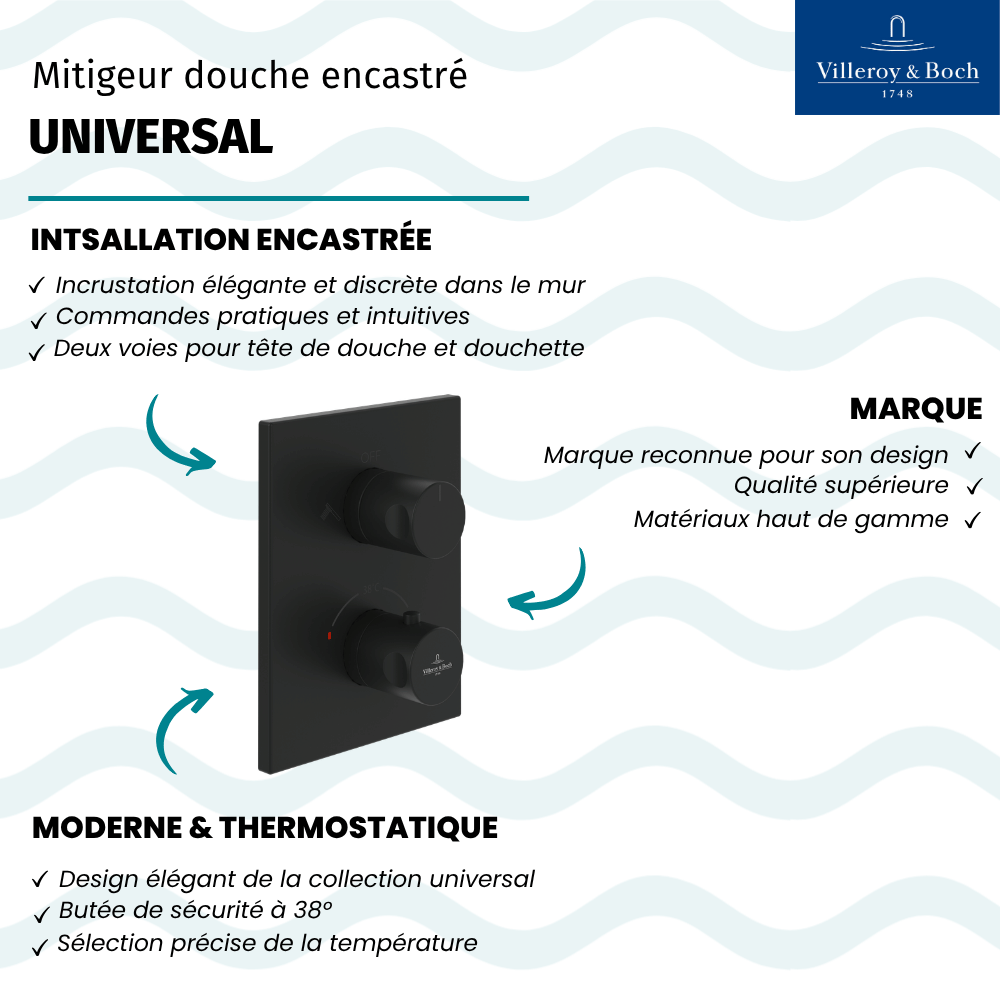 Mitigeur thermostatique encastré 2 voies VILLEROY ET BOCH Universal Taps & Fittings rectangle | Batinea