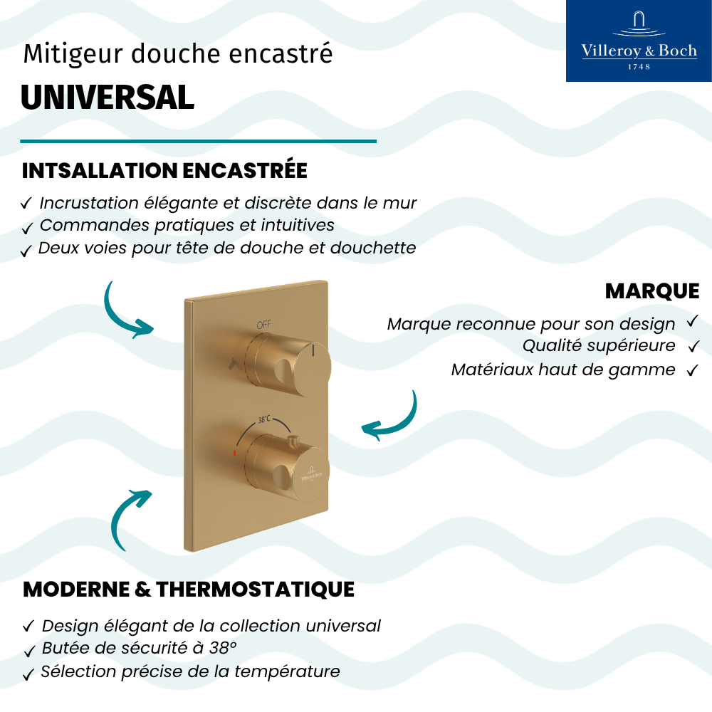 Mitigeur thermostatique encastré 2 voies VILLEROY ET BOCH Universal Taps & Fittings rectangle | Batinea