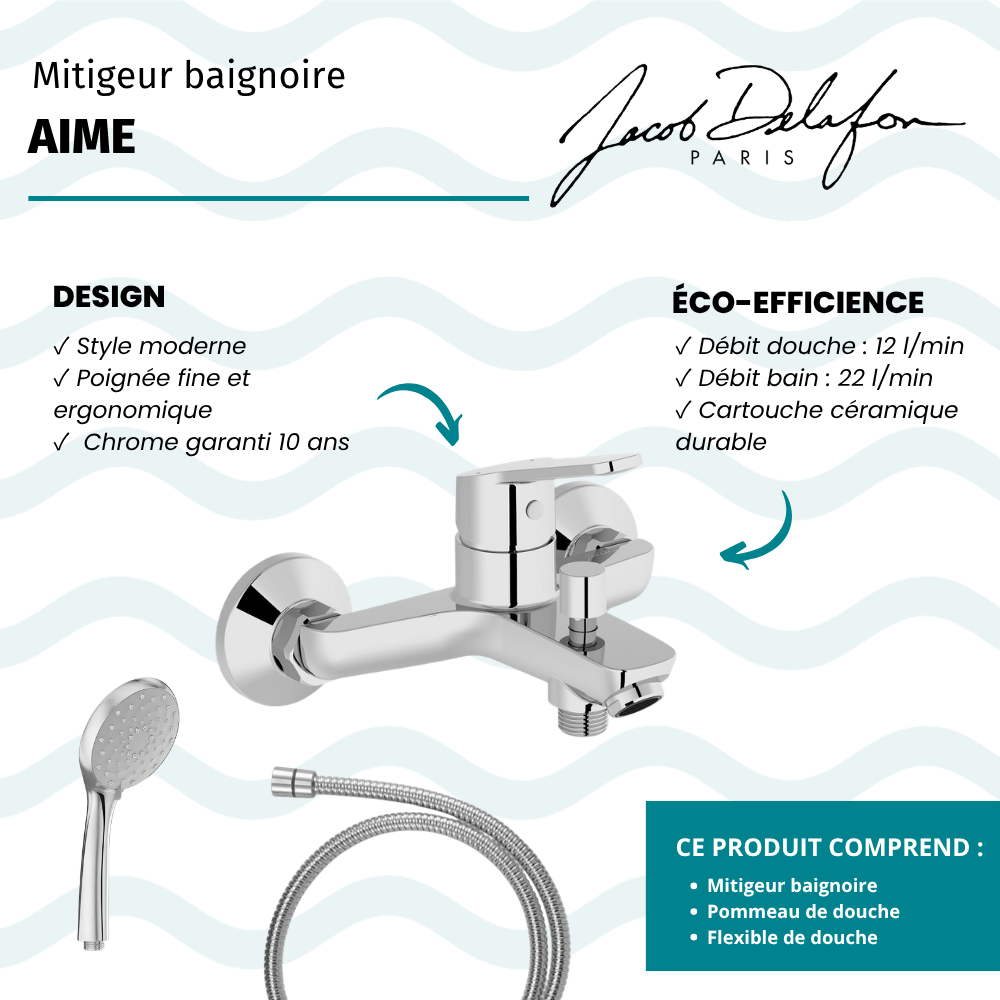 Mitigeur baignoire JACOB DELAFON Aimé + pommeau de douche Awaken + flexible de douche métal
