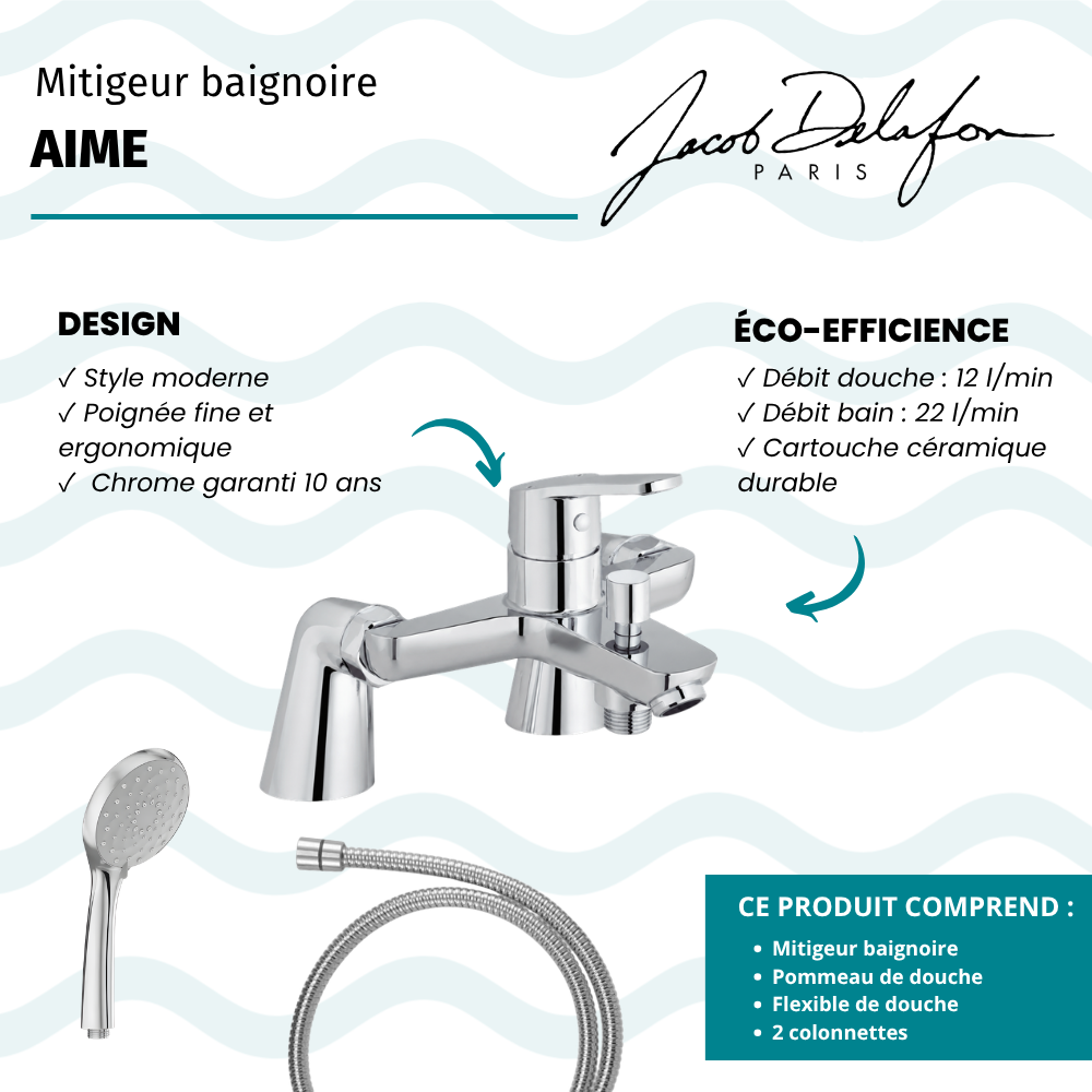 Mitigeur baignoire JACOB DELAFON Aimé + pommeau de douche Awaken + flexible de douche métal + colonnettes