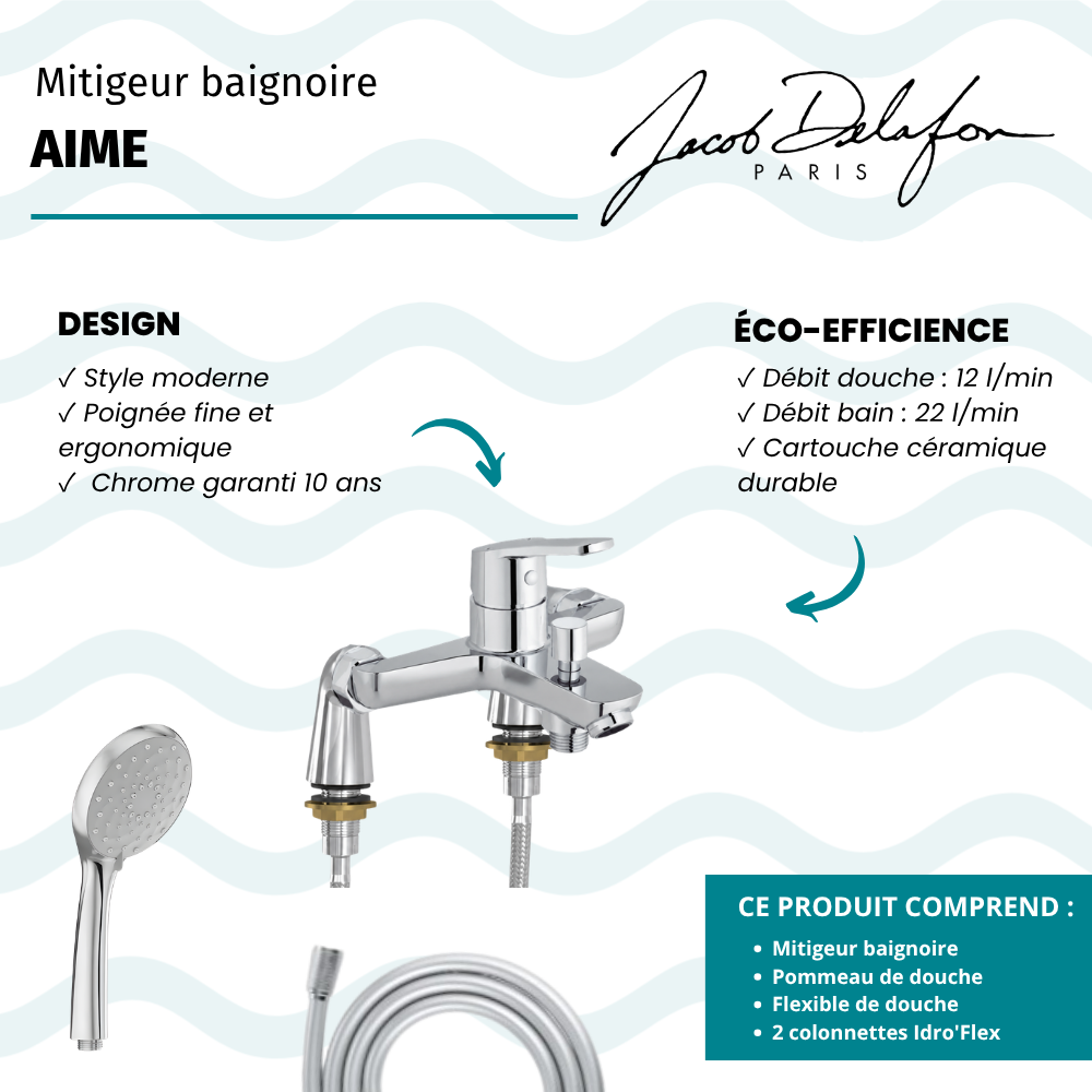 Mitigeur baignoire JACOB DELAFON Aimé + pommeau de douche Awaken + flexible de douche lisse + colonnettes Idro'Flex