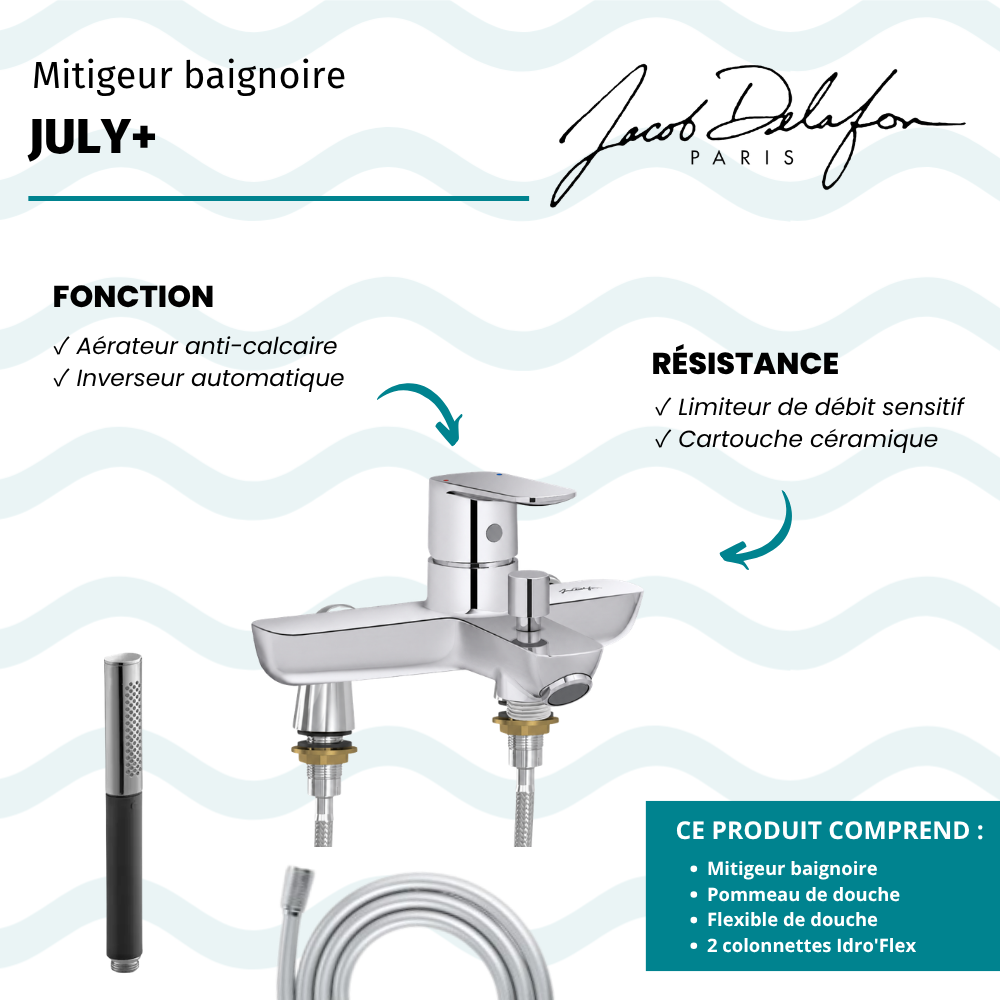 Mitigeur baignoire JACOB DELAFON July+ + pommeau de douche Shift Ellipse + flexible de douche lisse + colonnettes Idro'Flex