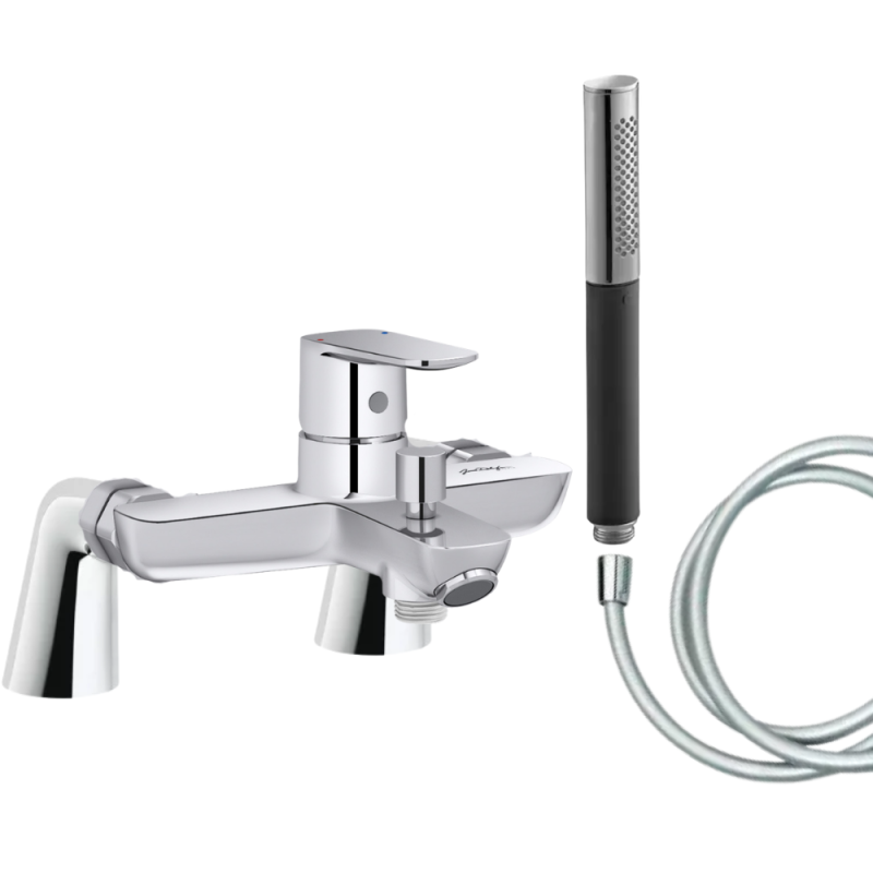 Mitigeur baignoire JACOB DELAFON July+ + pommeau de douche Shift Ellipse + flexible de douche lisse + colonnettes