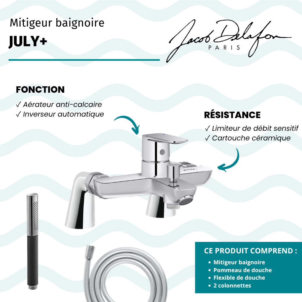 Mitigeur baignoire JACOB DELAFON July+ + pommeau de douche Shift Ellipse + flexible de douche lisse + colonnettes