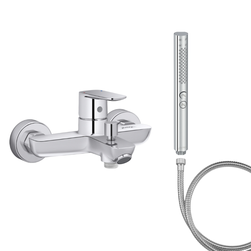 Mitigeur baignoire JACOB DELAFON July+ + pommeau de douche Shift+ rond + flexible de douche métal