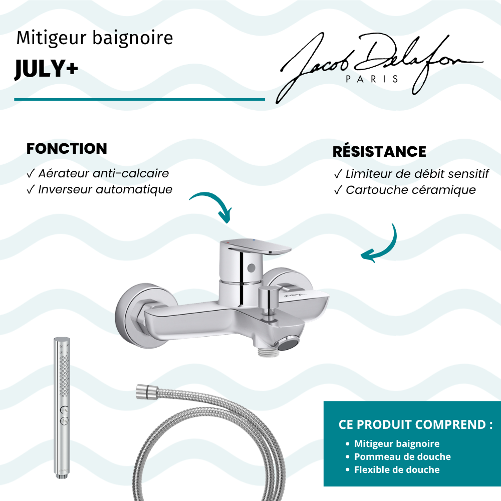 Mitigeur baignoire JACOB DELAFON July+ + pommeau de douche Shift+ rond + flexible de douche métal