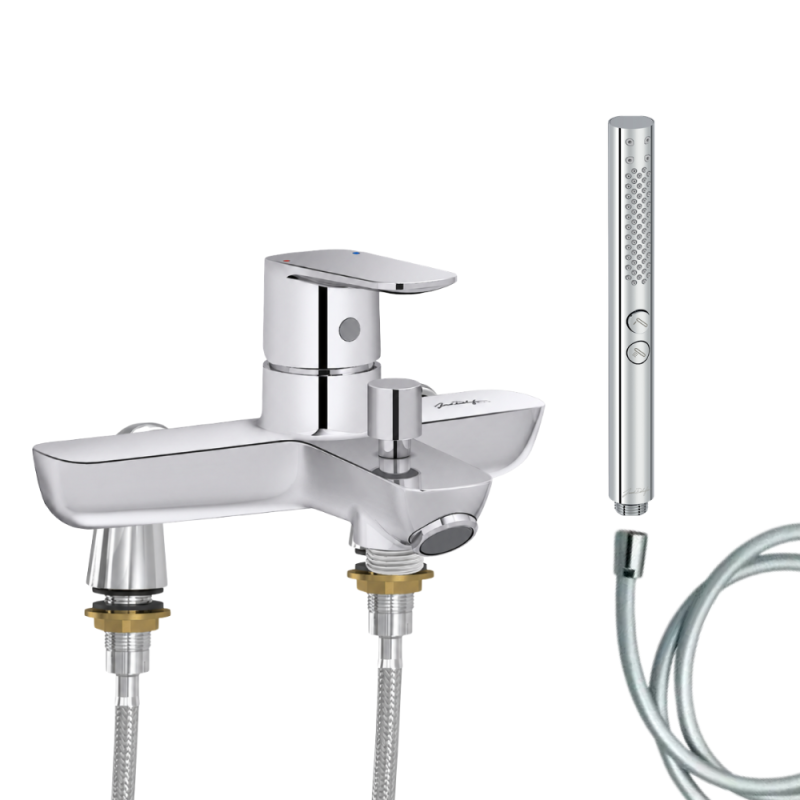 Mitigeur baignoire JACOB DELAFON July+ + pommeau de douche Shift+ rond + flexible de douche lisse + colonnettes Idro'Flex