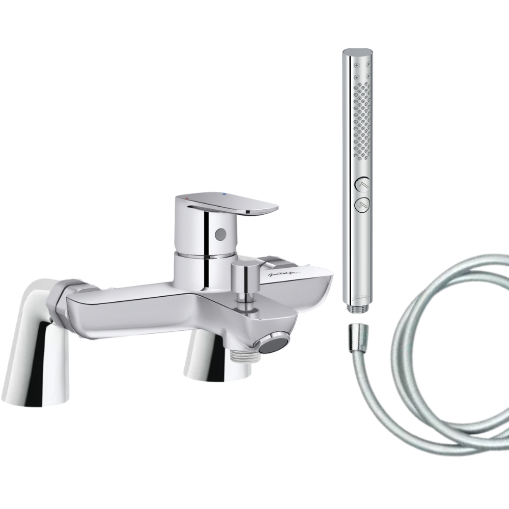 Mitigeur baignoire JACOB DELAFON July+ + pommeau de douche Shift+ rond + flexible de douche lisse + colonnettes