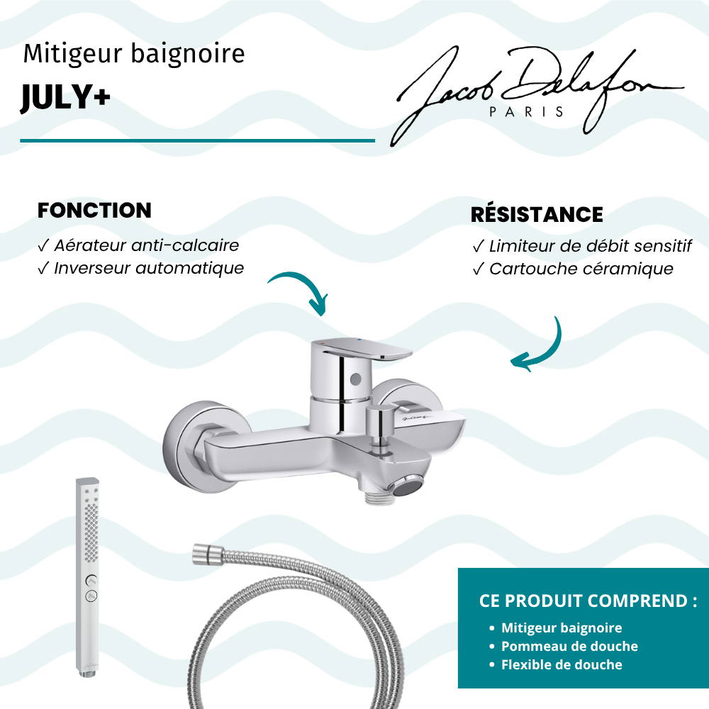 Mitigeur baignoire JACOB DELAFON July+ + pommeau de douche Shift+ carré + flexible de douche métal