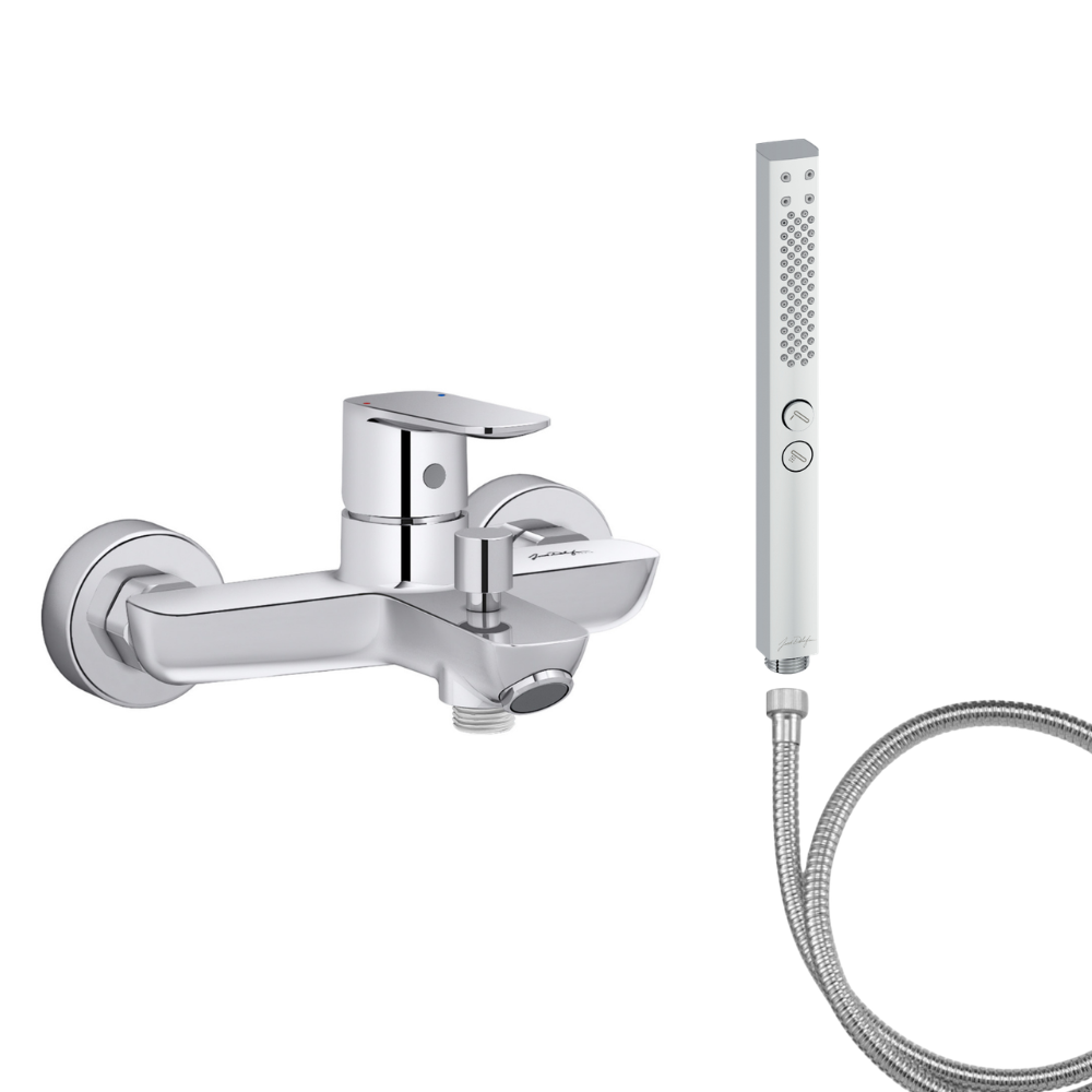 Mitigeur baignoire JACOB DELAFON July+ + pommeau de douche Shift+ carré + flexible de douche métal