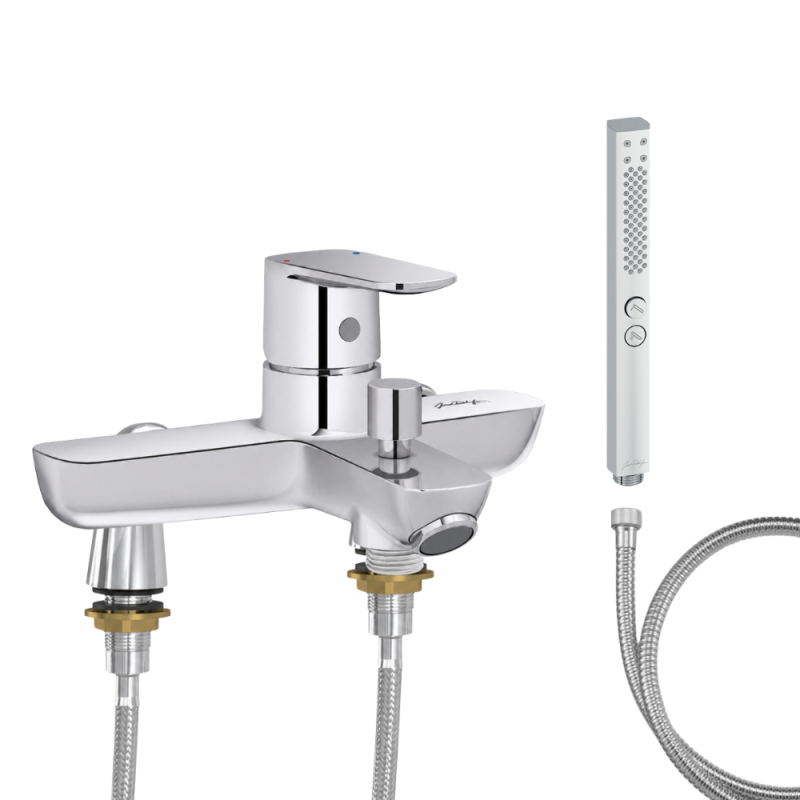 Mitigeur baignoire JACOB DELAFON July+ + pommeau de douche Shift+ carré + flexible de douche métal + colonnettes Idro'Flex