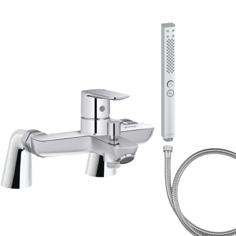 Mitigeur baignoire JACOB DELAFON July+ + pommeau de douche Shift+ carré + flexible de douche métal + colonnettes