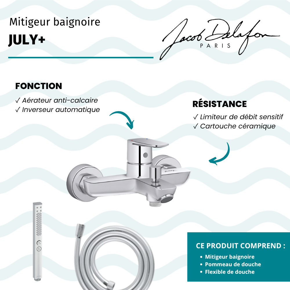 Mitigeur baignoire JACOB DELAFON July+ + pommeau de douche Shift+ carré + flexible de douche lisse