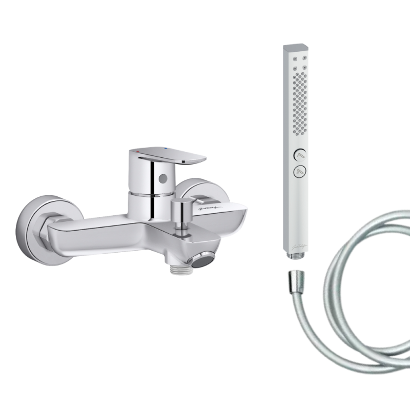 Mitigeur baignoire JACOB DELAFON July+ + pommeau de douche Shift+ carré + flexible de douche lisse
