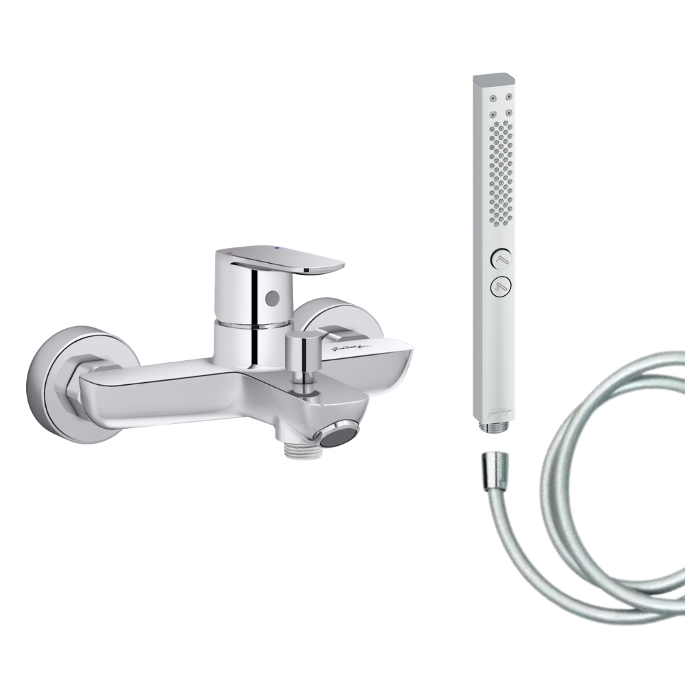 Mitigeur baignoire JACOB DELAFON July+ + pommeau de douche Shift+ carré + flexible de douche lisse
