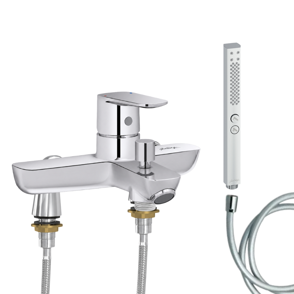 Mitigeur baignoire JACOB DELAFON July+ + pommeau de douche Shift+ carré + flexible de douche lisse + colonnettes Idro'Flex