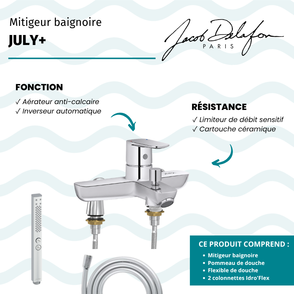 Mitigeur baignoire JACOB DELAFON July+ + pommeau de douche Shift+ carré + flexible de douche lisse + colonnettes Idro'Flex