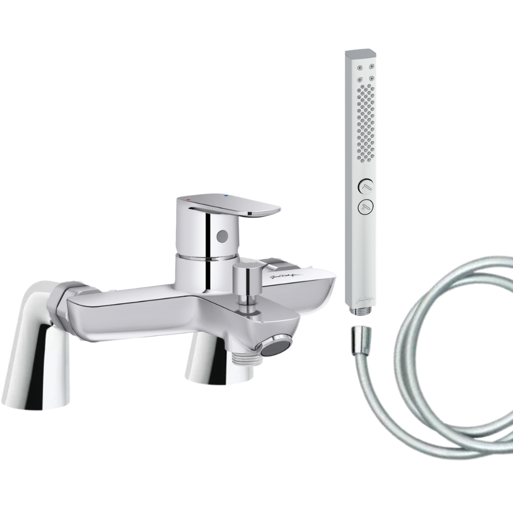 Mitigeur baignoire JACOB DELAFON July+ + pommeau de douche Shift+ carré + flexible de douche lisse + colonnettes