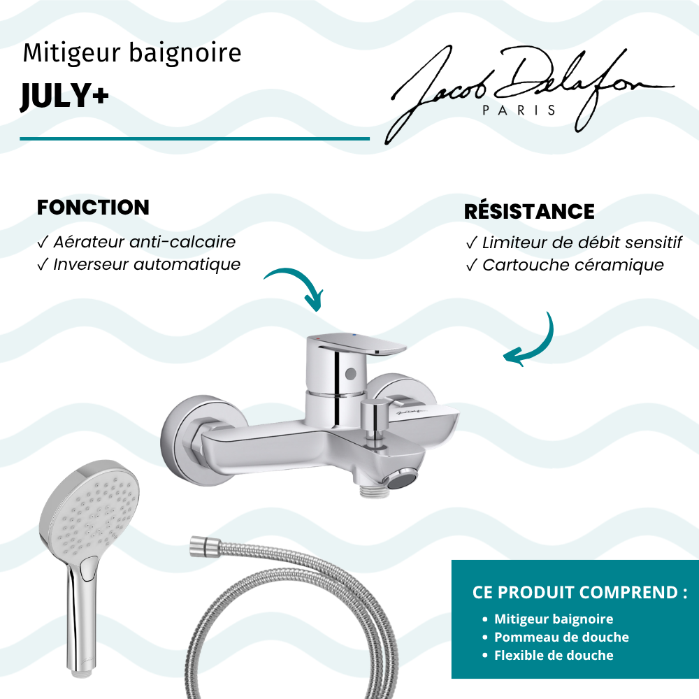 Mitigeur baignoire JACOB DELAFON July+ + pommeau de douche Metro + flexible de douche métal