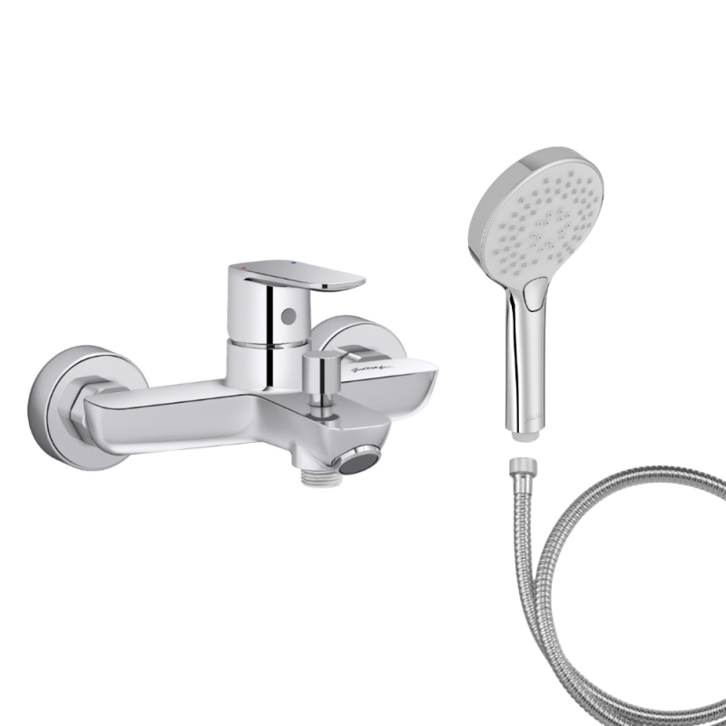Mitigeur baignoire JACOB DELAFON July+ + pommeau de douche Metro + flexible de douche métal