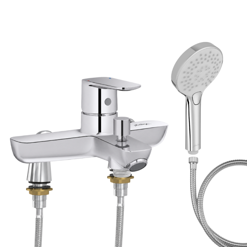 Mitigeur baignoire JACOB DELAFON July+ + pommeau de douche Metro + flexible de douche métal + colonnettes Idro'Flex