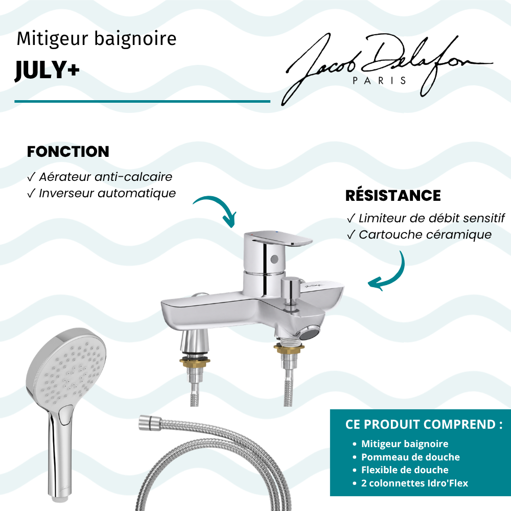 Mitigeur baignoire JACOB DELAFON July+ + pommeau de douche Metro + flexible de douche métal + colonnettes Idro'Flex
