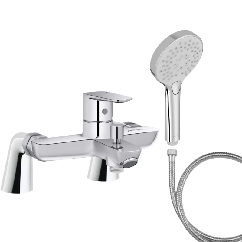 Mitigeur baignoire JACOB DELAFON July+ + pommeau de douche Metro + flexible de douche métal + colonnettes