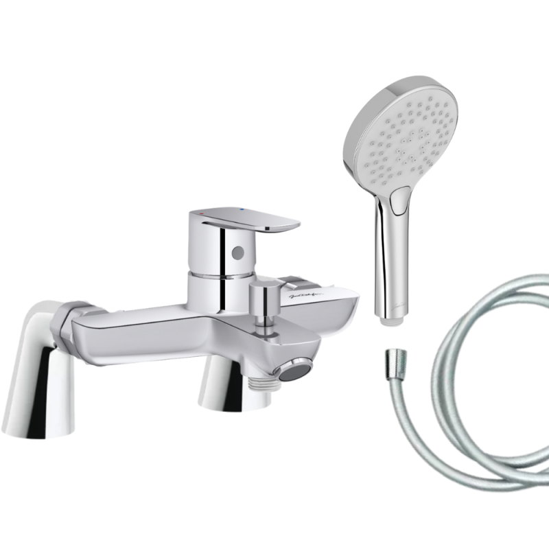 Mitigeur baignoire JACOB DELAFON July+ + pommeau de douche Metro + flexible de douche lisse + colonnettes