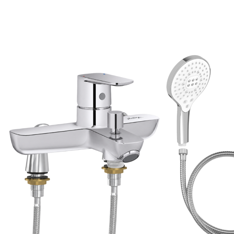 Mitigeur baignoire JACOB DELAFON July+ + pommeau de douche Metro signature + flexible de douche métal + colonnettes Idro'Flex