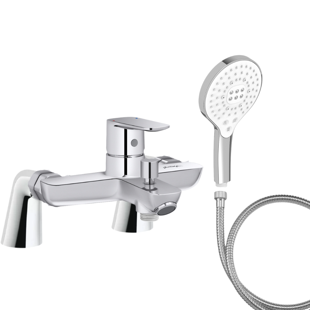 Mitigeur baignoire JACOB DELAFON July+ + pommeau de douche Metro signature + flexible de douche métal + colonnettes