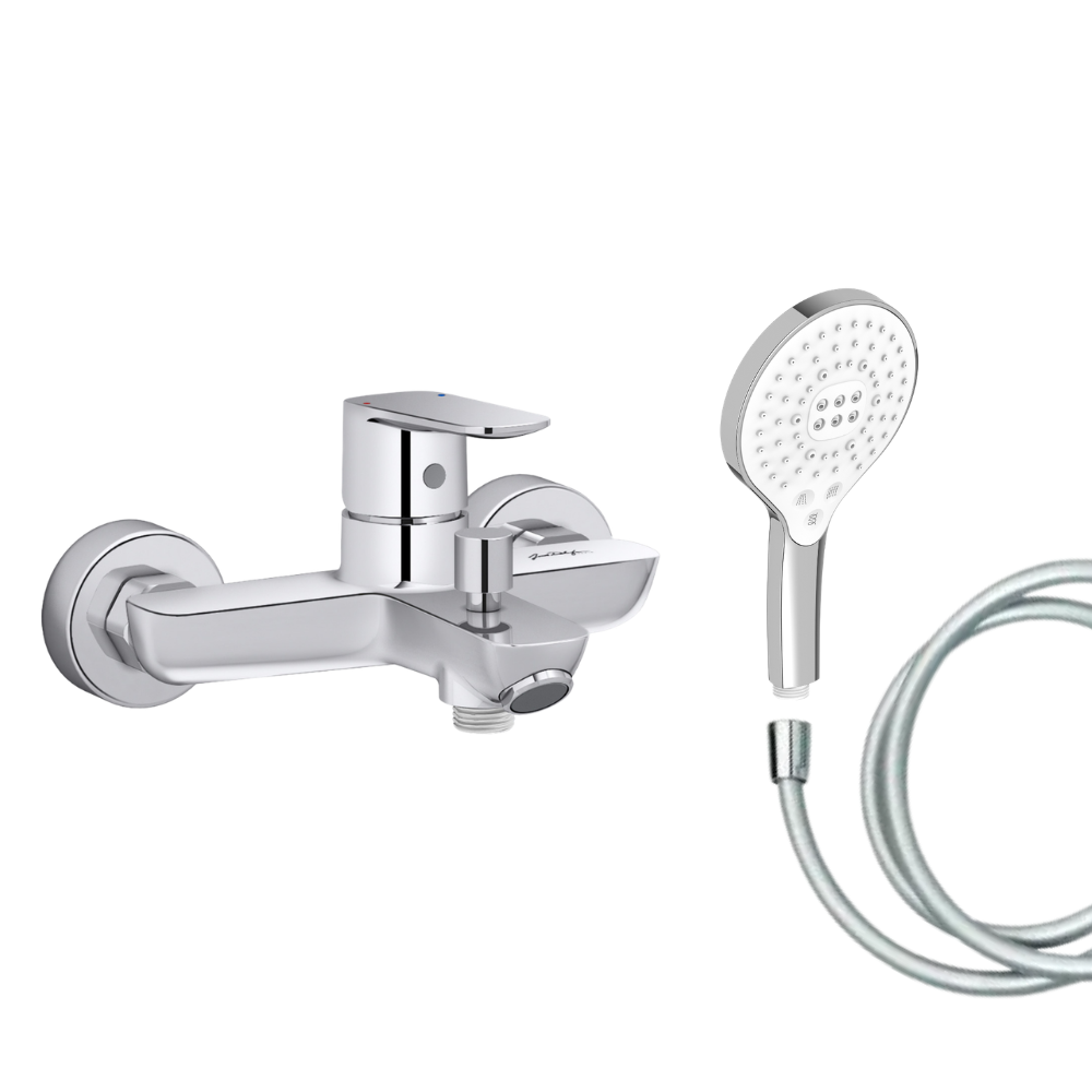 Mitigeur baignoire JACOB DELAFON July+ + pommeau de douche Metro signature + flexible de douche lisse