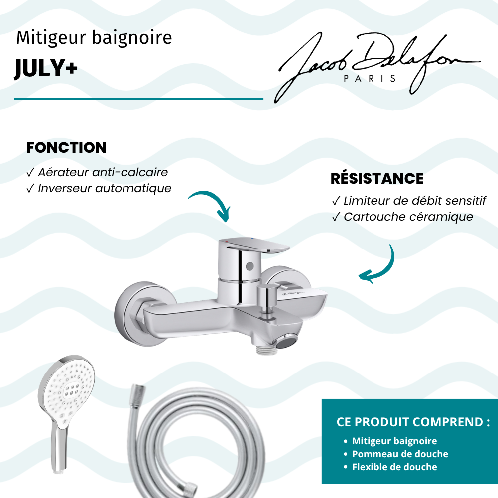 Mitigeur baignoire JACOB DELAFON July+ + pommeau de douche Metro signature + flexible de douche lisse