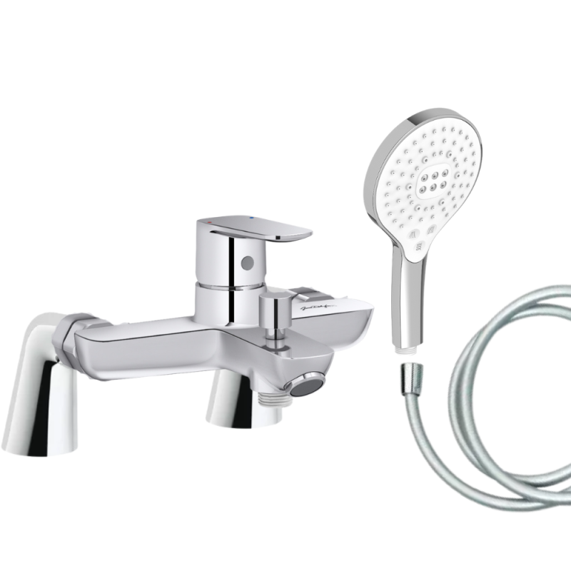 Mitigeur baignoire JACOB DELAFON July+ + pommeau de douche Metro signature + flexible de douche lisse + colonnettes