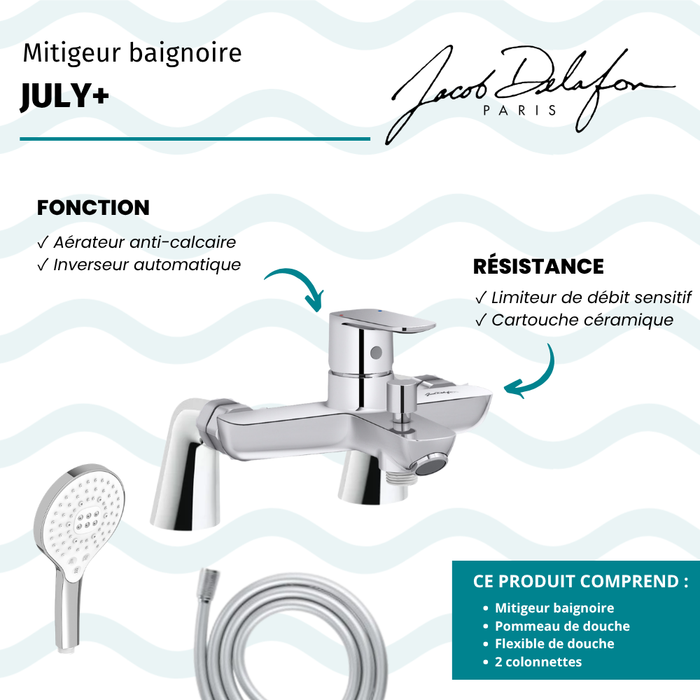 Mitigeur baignoire JACOB DELAFON July+ + pommeau de douche Metro signature + flexible de douche lisse + colonnettes