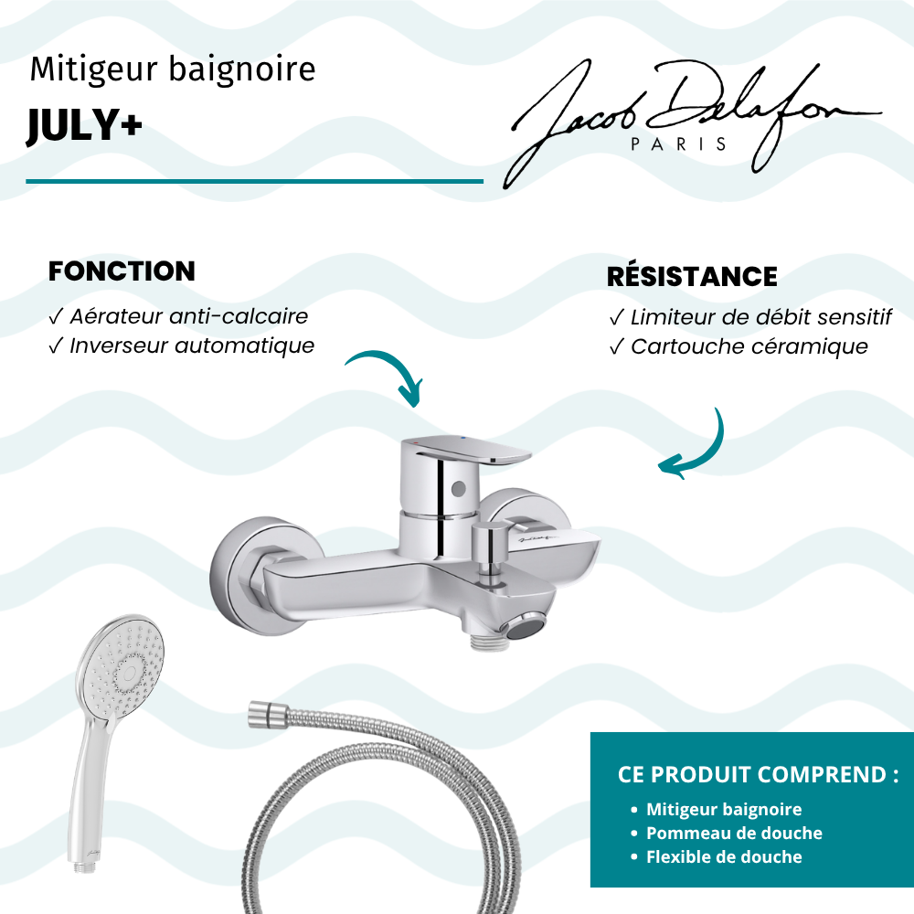 Mitigeur baignoire JACOB DELAFON July+ + pommeau de douche Juliette + flexible de douche métal
