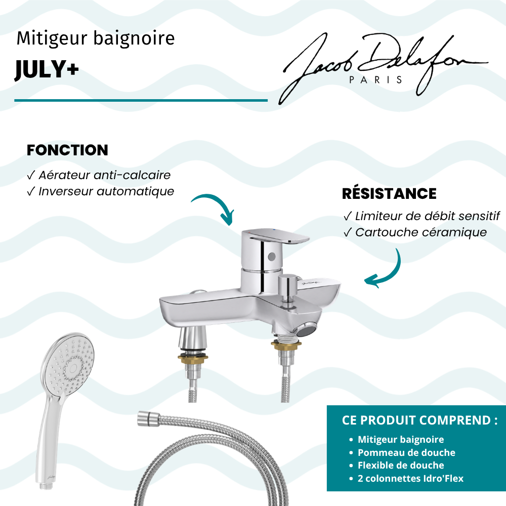 Mitigeur baignoire JACOB DELAFON July+ + pommeau de douche Juliette + flexible de douche métal + colonnettes Idro'Flex